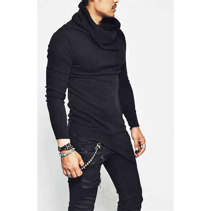 Men's Autumn Turtleneck Hoodie with Asymmetric Hem and Pocket