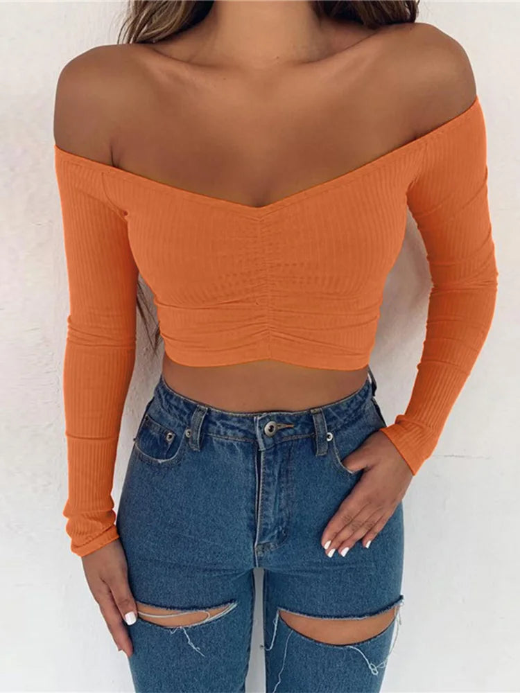 Off-Shoulder Ruched Long Sleeve Crop Top