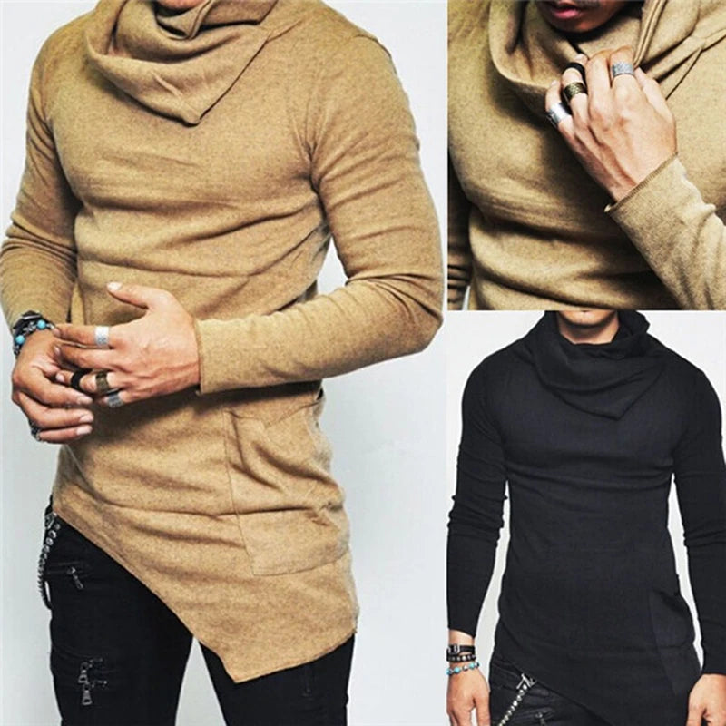 Men's Autumn Turtleneck Hoodie with Asymmetric Hem and Pocket