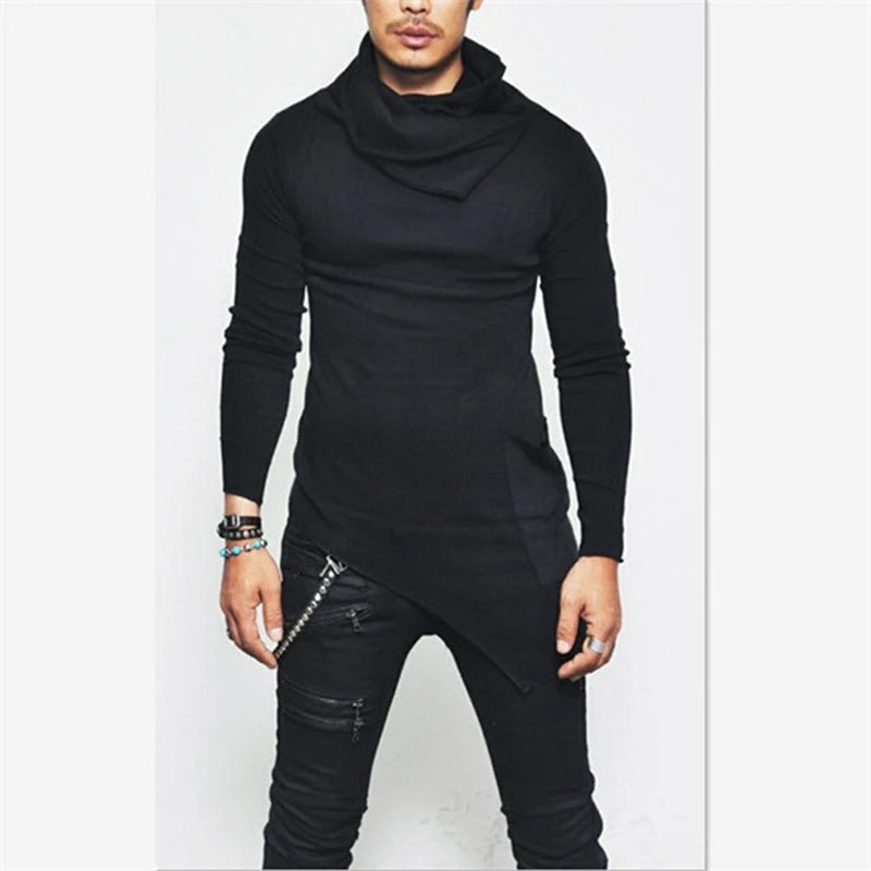 Men's Autumn Turtleneck Hoodie with Asymmetric Hem and Pocket