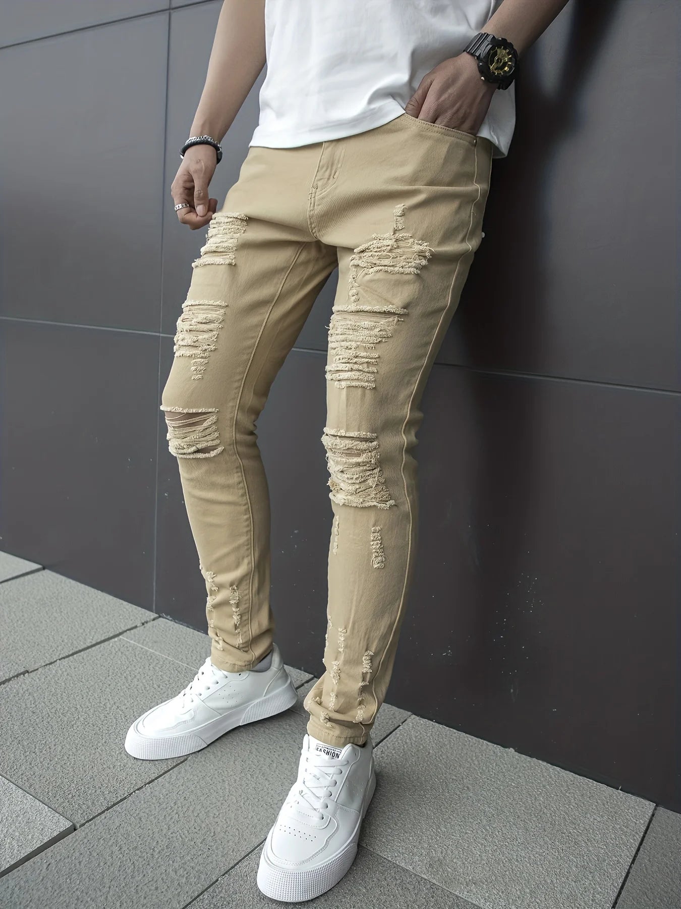 Men's Stretchy Skinny Denim Jeans – Ripped Streetwear Slim Fit Trousers