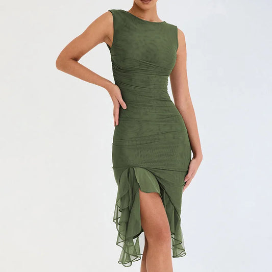 Elegant Ruched Sleeveless Midi Dress