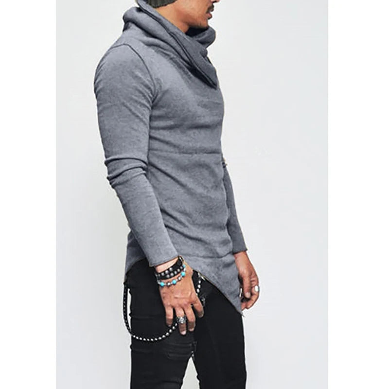 Men's Autumn Turtleneck Hoodie with Asymmetric Hem and Pocket