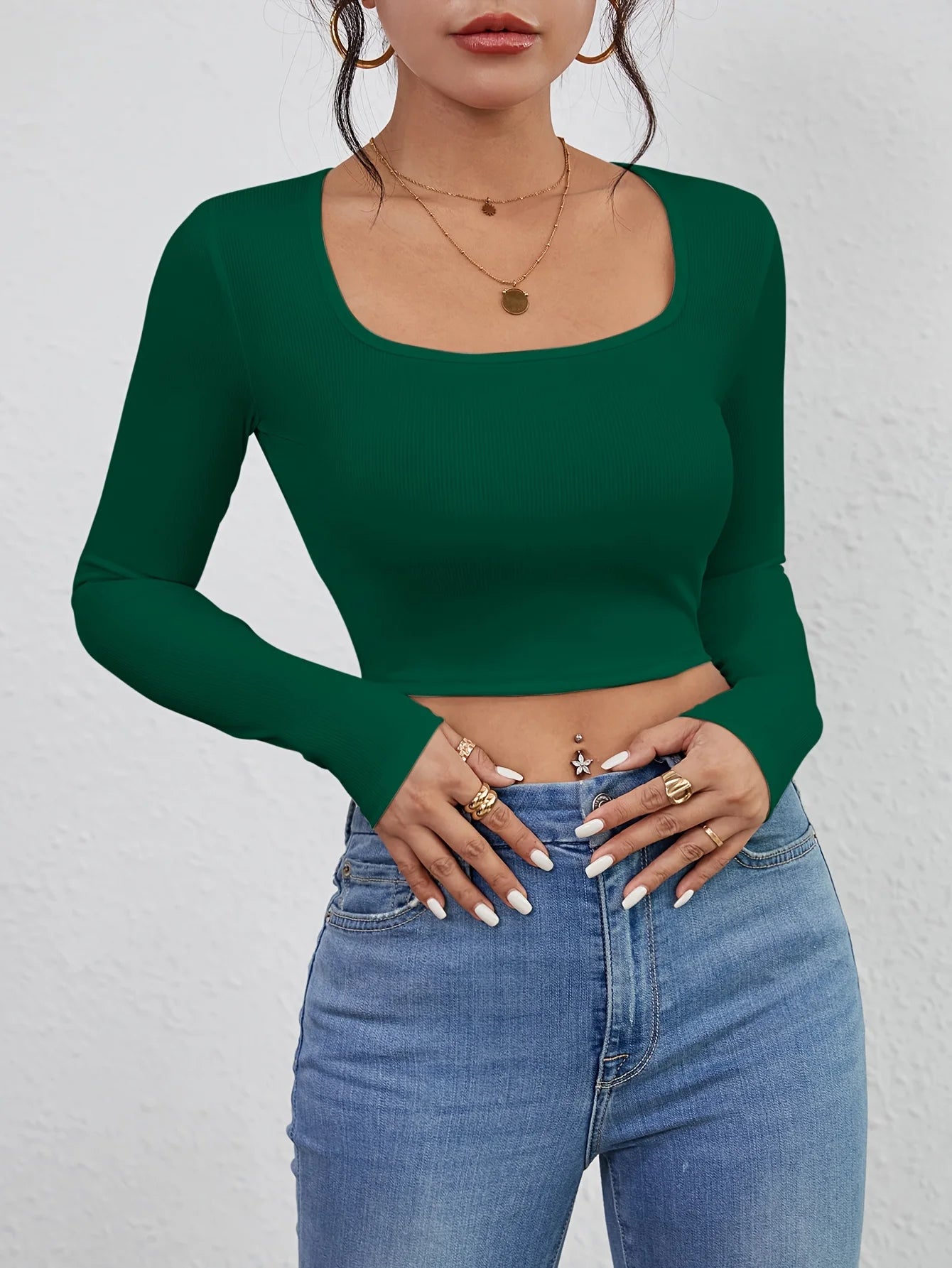 Square Neck Long Sleeve Ribbed Crop Top