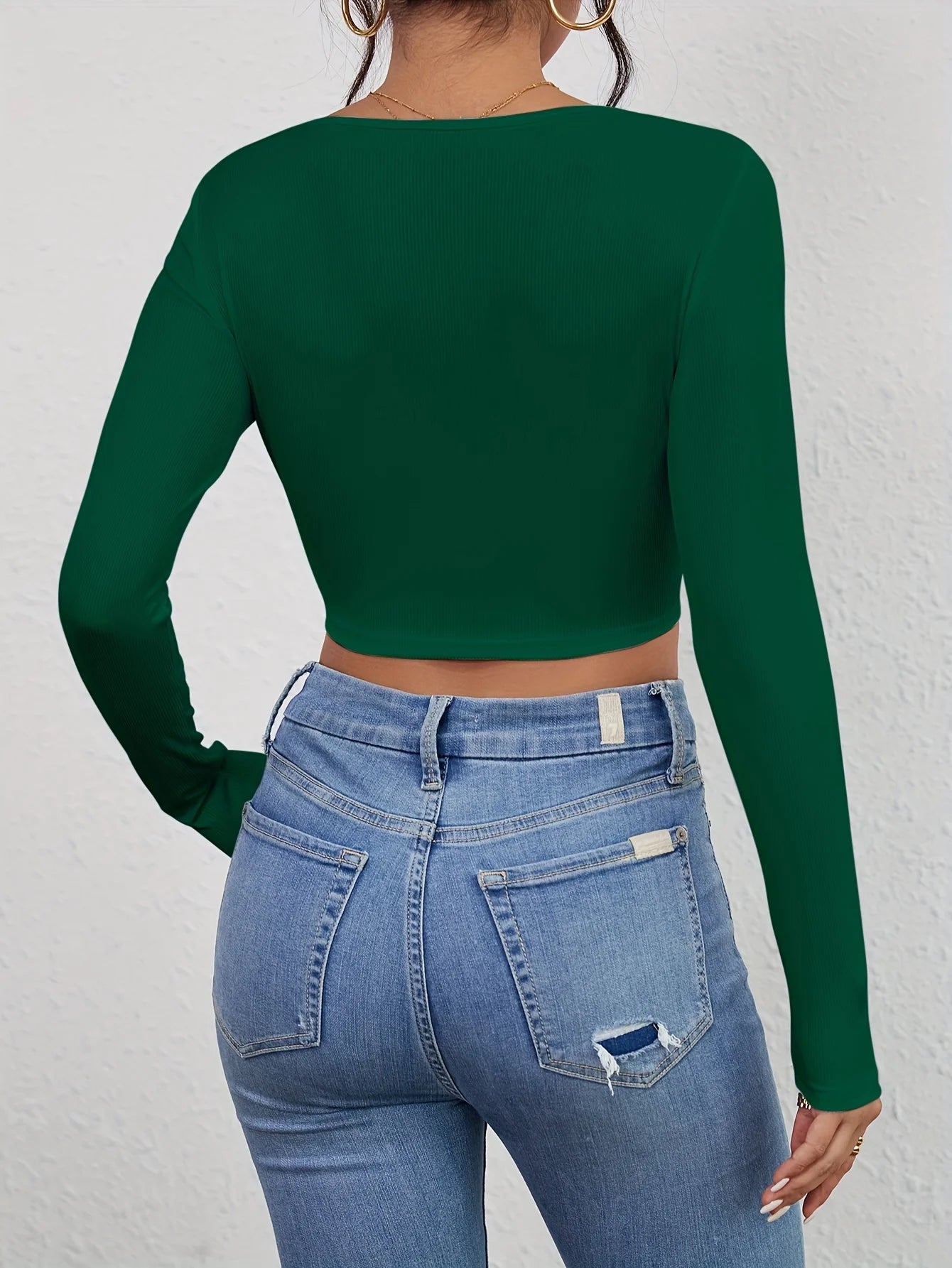 Square Neck Long Sleeve Ribbed Crop Top