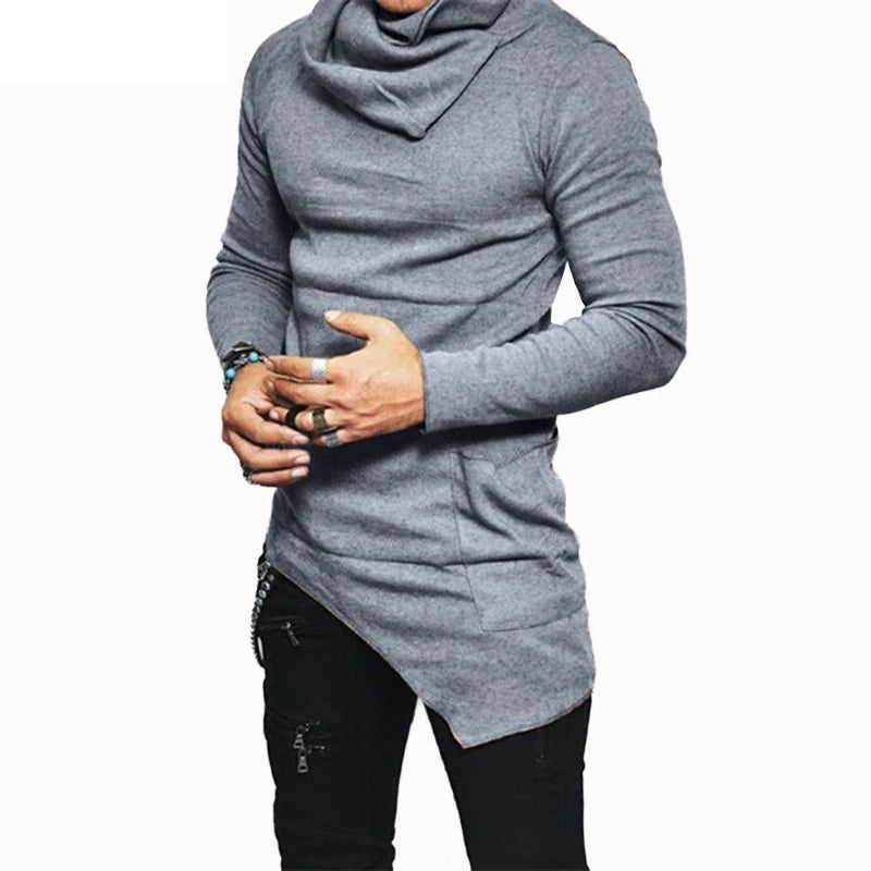 Men's Autumn Turtleneck Hoodie with Asymmetric Hem and Pocket