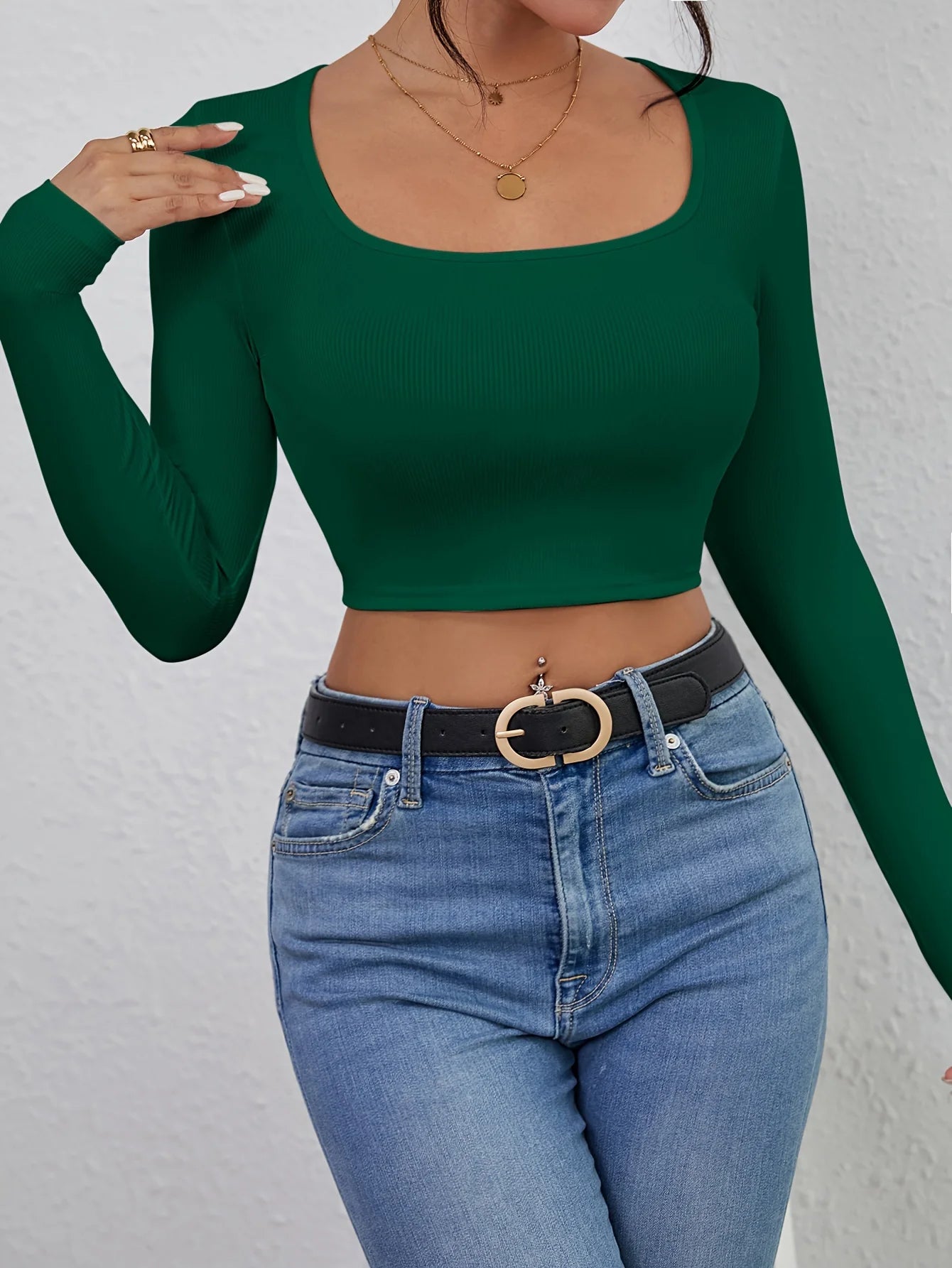 Square Neck Long Sleeve Ribbed Crop Top