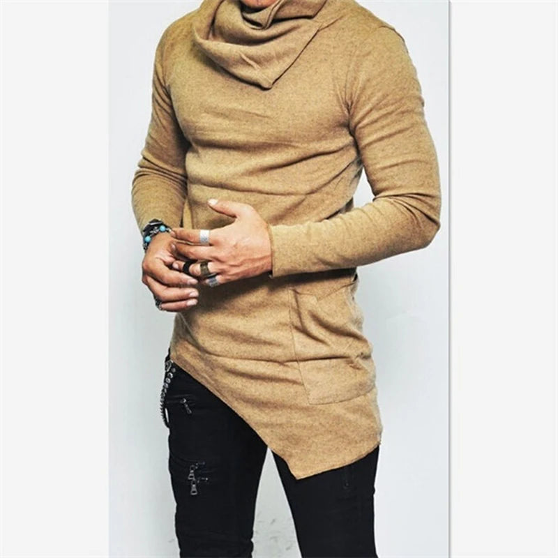 Men's Autumn Turtleneck Hoodie with Asymmetric Hem and Pocket