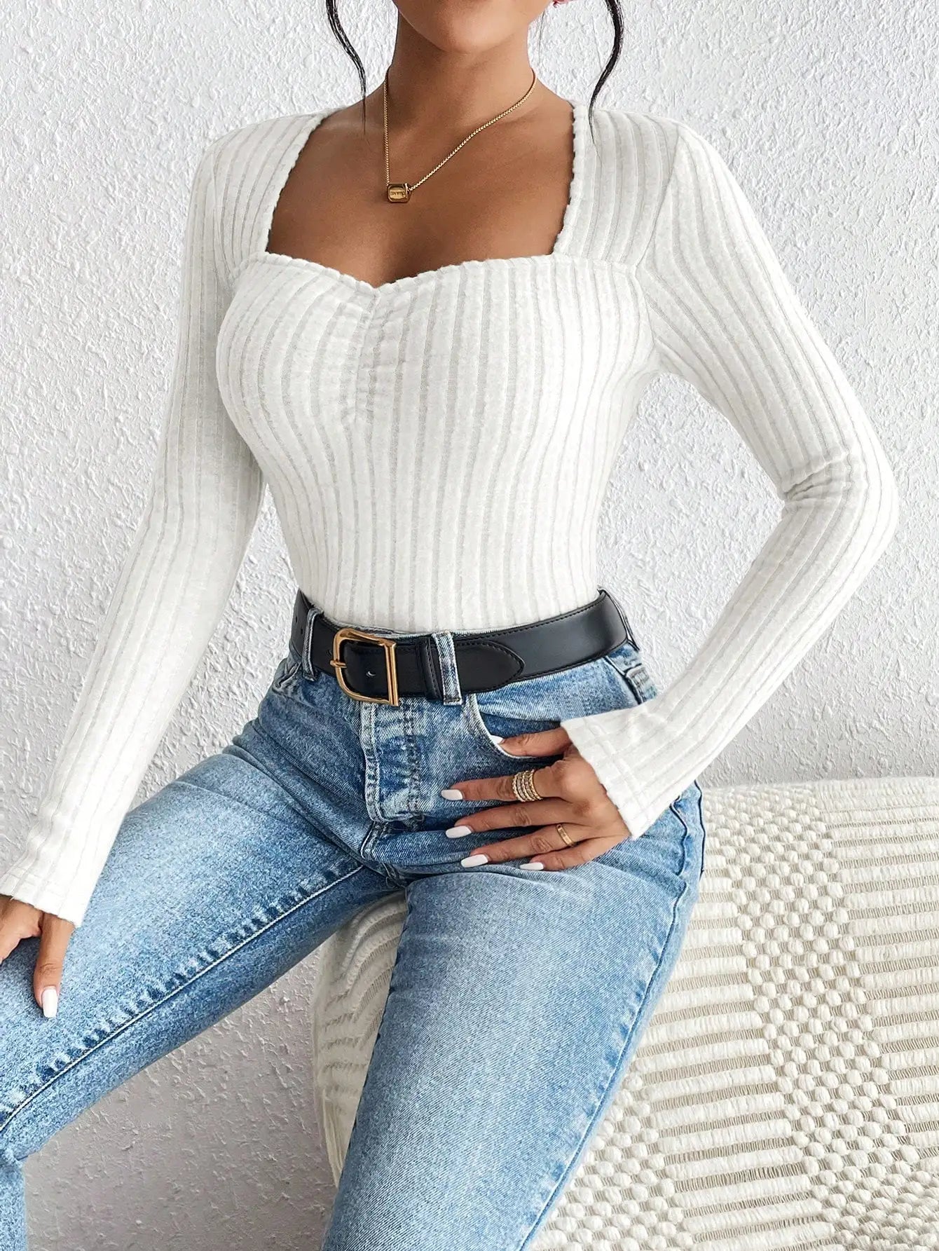 Sweetheart Neck Ribbed Long Sleeve Top