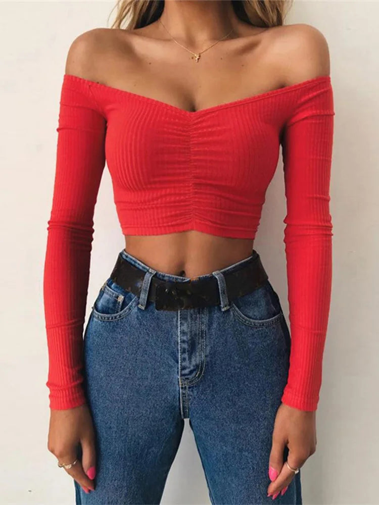 Off-Shoulder Ruched Long Sleeve Crop Top