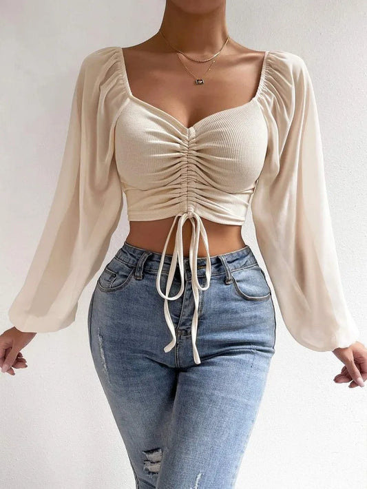 Ruched Front Crop Top with Balloon Sleeves