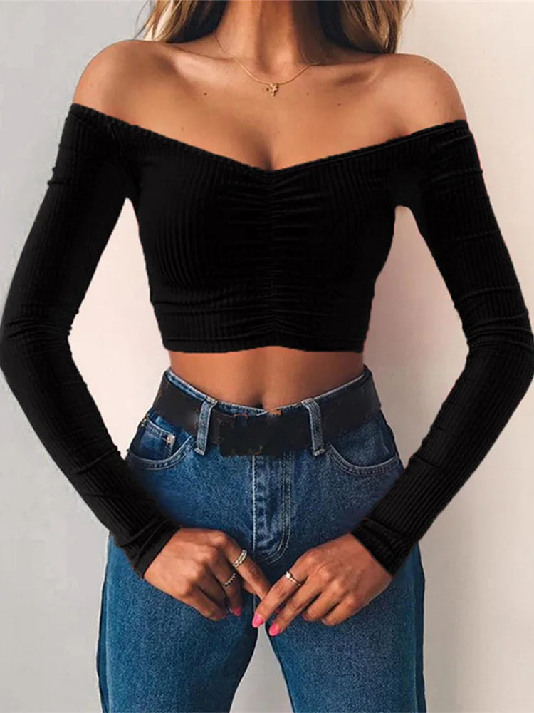 Off-Shoulder Ruched Long Sleeve Crop Top