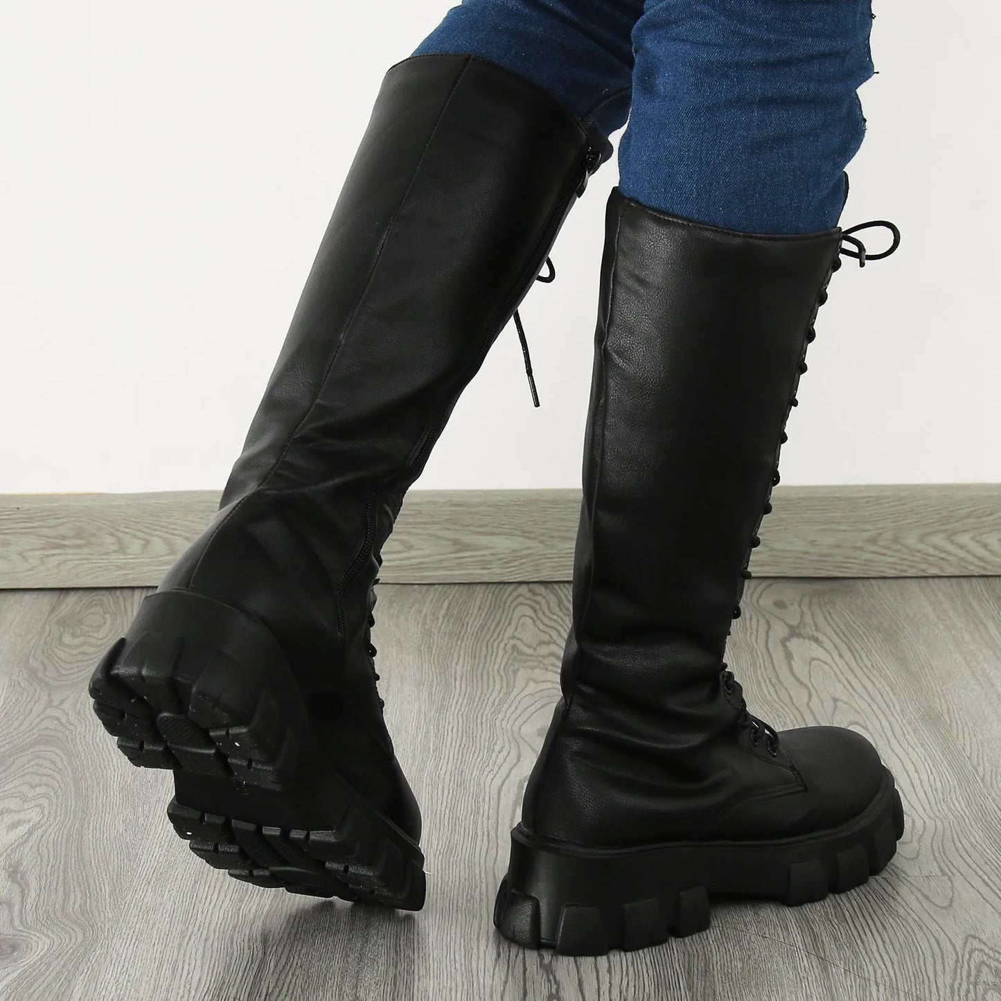 Ladies' Solid Leather Thigh-High Boots – Lace-Up with Side Zip